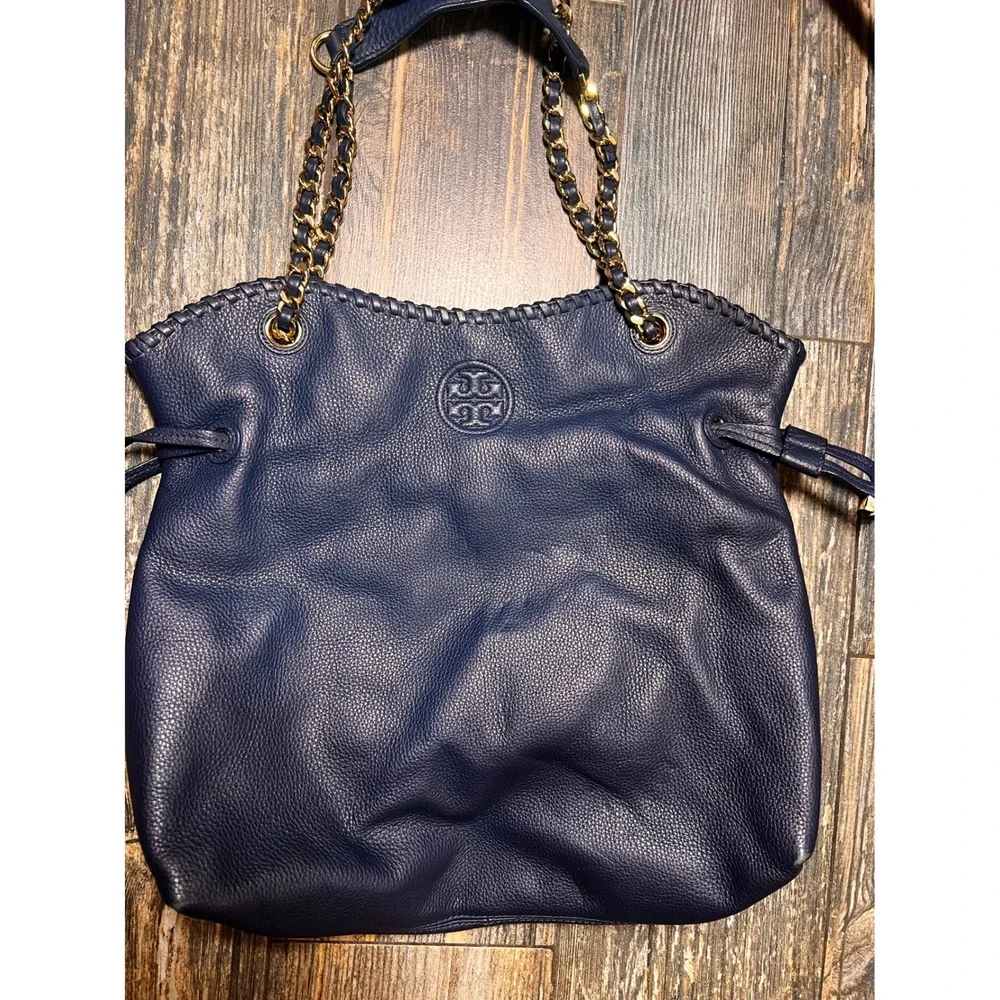 Tory Burch‎ Navy Leather Marion Slouchy Tote Bag Purse Gold Chain & Wallet EUC